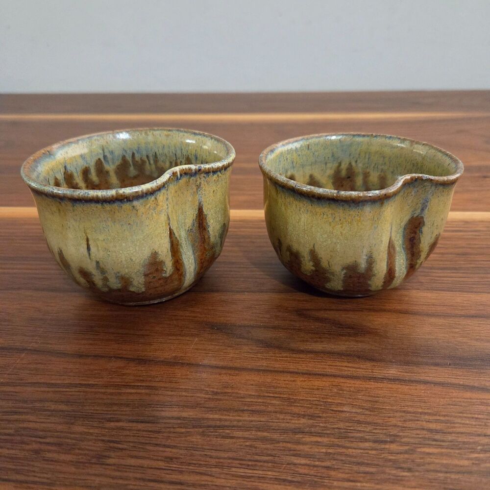 Hand Thrown Ceramic Stoneware Set of 2 Tea Cup Votive Small Vessel Brown Pottery